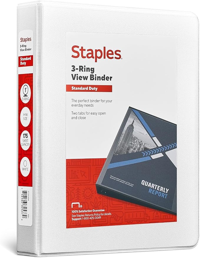Staples Mini View Binder, 1-Inch Round Ring, 5.5 x 8.5 Inches, Holds Up to 175 Sheets, White, Compact Binder for Notes & Projects