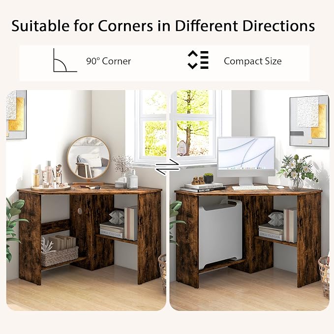 Tangkula Corner Desk, 90 Degrees Triangle Computer Desk for Small Space, Bedroom Makeup Vanity Desk with Storage Shelves & CPU Stand, Space Saving