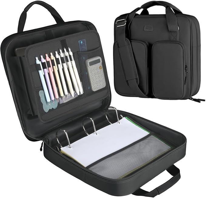 3 Inch Zipper Binder 3 Ring with Shoulder Strap & Multi-Pocket | Binder with Zipper Holds Up to 700 Sheets for Office School, Compatible with 13” MacBook Laptop ipad, Black