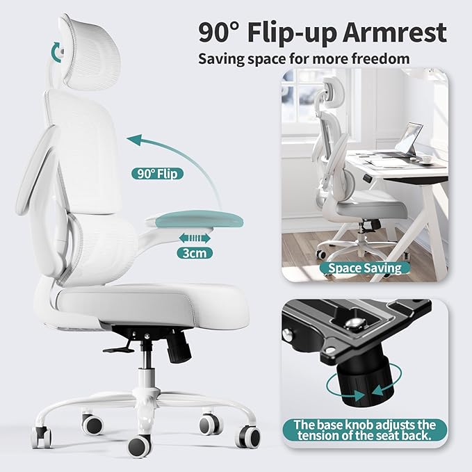 TRALT Office Chair Ergonomic Desk Chair - Gaming Chair with Lumbar Support | 330 LBS Home Office Desk Chairs with Headrest, Reading Chair with Flip-up Armrests, Comfortable Computer Chairs (1, White)