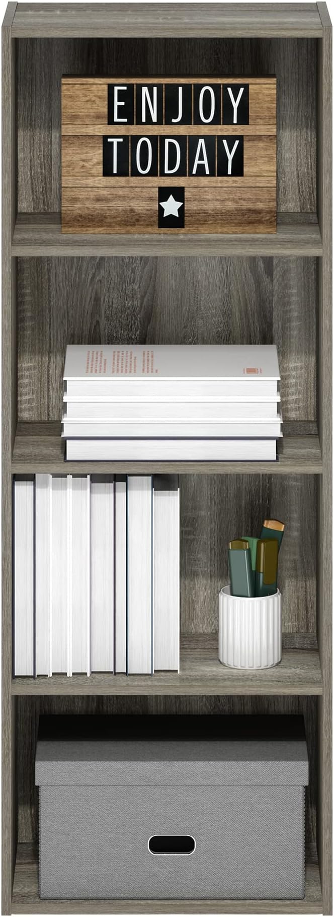 Furinno LUDER 4-Tier Book Shelf, Open Shelves Bookshelf, French Oak | 9 x 15.6 x 41.7, Closed Back, Modern Bookcase, for Living Room, Bedroom, Home Office