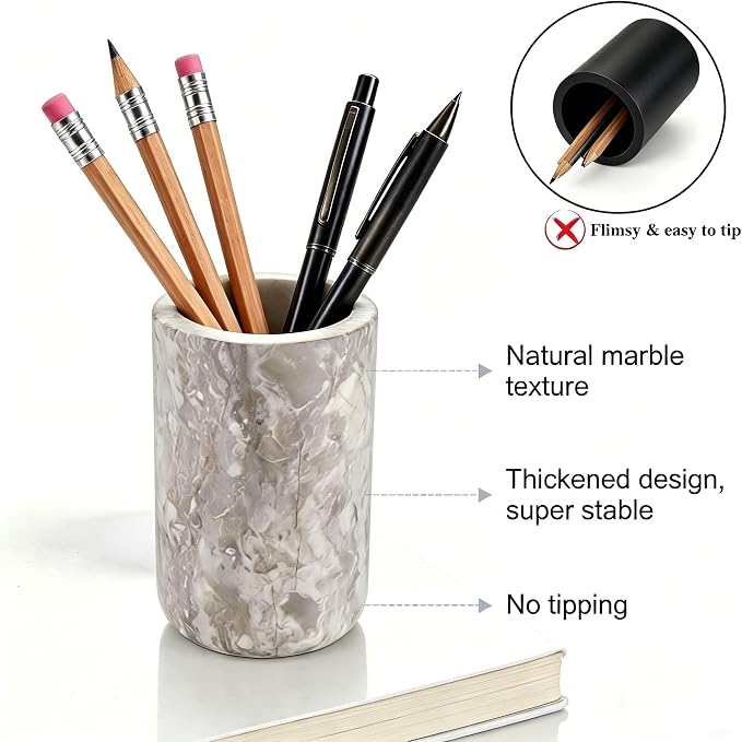 Natural Marble Pen Holder Minimalist Desk Stationery Organizer | Premium natural marble material, Solid heavy-duty,Dual use for stationery & makeup brushes, Stable base,Portable size