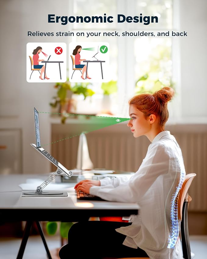 Aoviho 360° Rotating Laptop Stand for Desk | Adjustable, Foldable, Portable Aluminum Ergonomic Riser | Compatible with MacBook, Dell, HP & All Laptops 10-16 inch | Silver