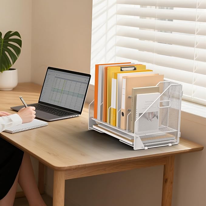 5 Vertical Mesh Desk Organizer with Paper Letter Tray, White | Sorting racks with lower letter tray section. Multipurpose mesh desktop space saver for home office and school