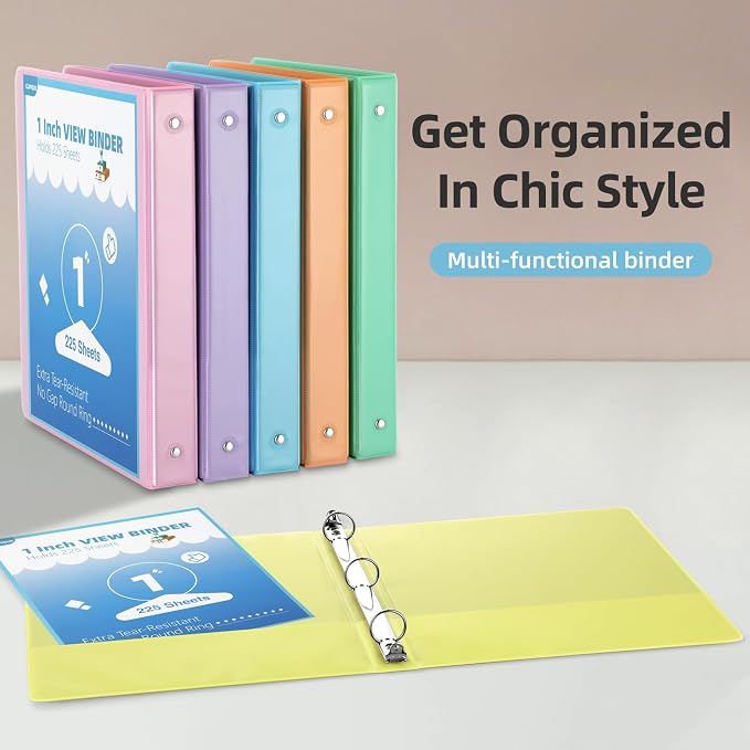 1 Inch Binders 3 Ring,6 Pack Three Ring Binder with 2 Pockets,PVC-Free,Customizable Clear View Cover for 8.5 x 11'' Letter Size Papers, Round Ring， Ideal for School, Office Supplies