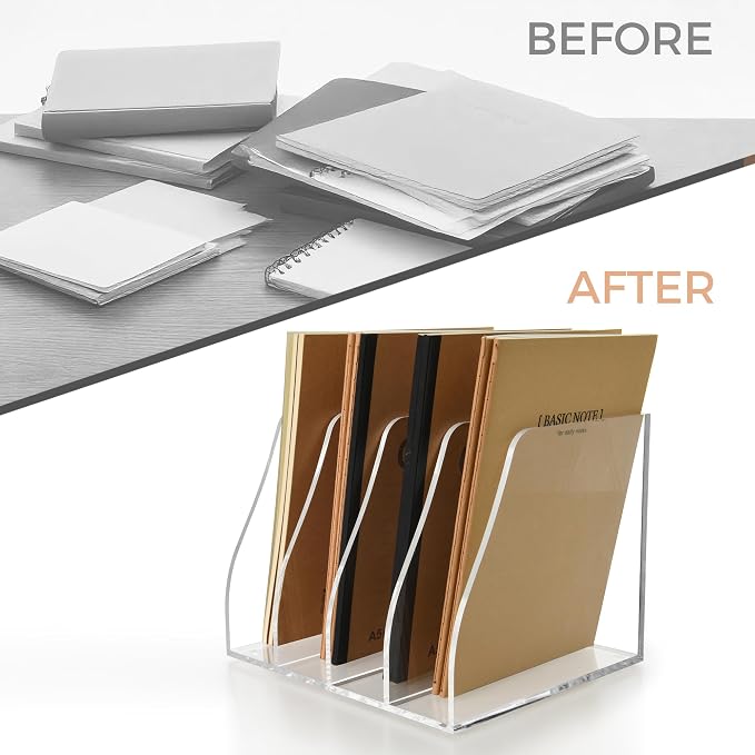 Lovemolly Acrylic Magazine File Holder – 4-Slot Clear Desk Organizer, Vertical Document Sorter for Office, Home & Classroom, No-Assembly Tabletop Rack for Folders, Books & Tablets, 7.09x8.07x6.3 in