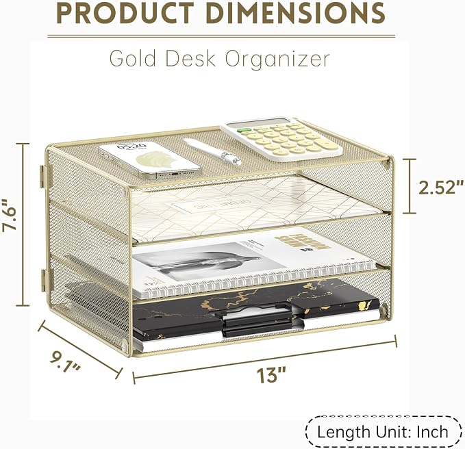 DALTACK 3 Tier Letter Tray Paper Organizer with Sliding Mesh Trays Yellow | Metal Mesh File Organizer with Sliding Trays for Letter and A4 Paper, Mail, Bills, Folders and Office Documents