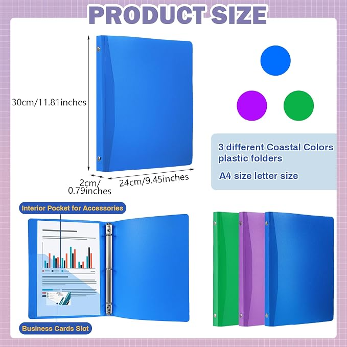 CHENGU 12 Pack Plastic 3 Ring Binders 0.79 Inch with Pocket | Flexible Soft Binder, Assorted Colors, Holds 200 Sheets, Round Ring, School Office Meeting Supplies