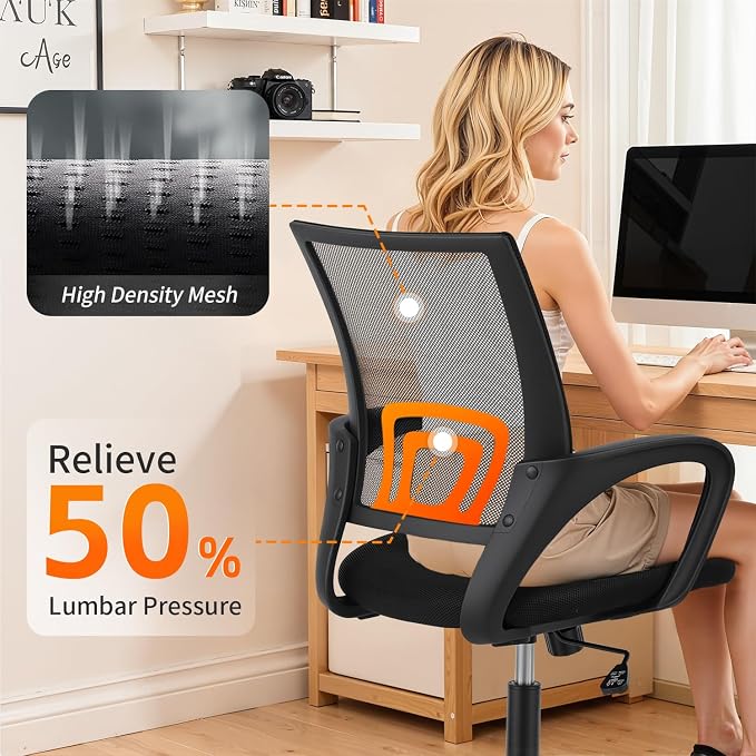 FDW Ergonomic Office Chair Home Desk Chair Task Mesh Computer Chair Gaming with Back Lumbar Support Armrest Modern Swivel Modern Adjustable Rolling Executive Mesh Chair for Women Men (Black) | with Lumbar Support & Adjustable Height | Breathable Mid-Ba...