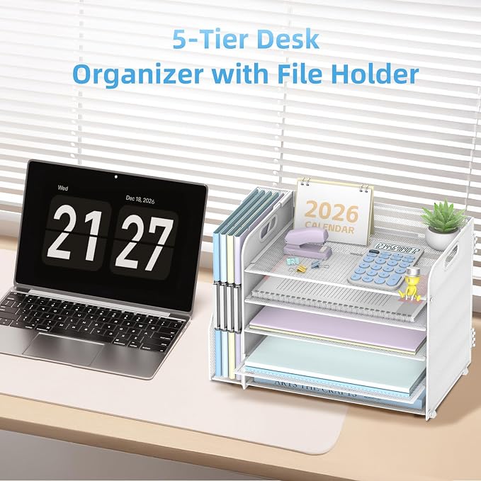 5-Tier Desk Organizer with File Holder, Paper Organizer for Desk, White | 5 Letter Trays and Vertical File Holder with Metal Mesh Frame for Papers Folders Books and Mail in Office Home or School