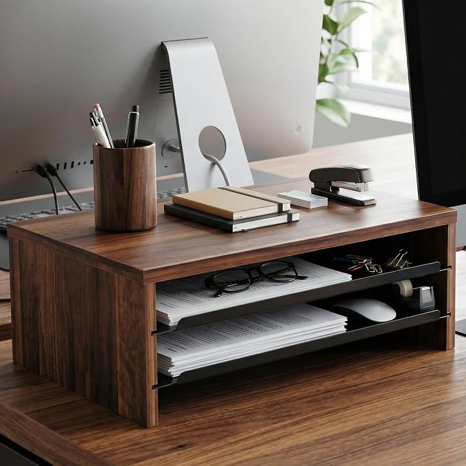 Fenge 14.3-Inch Monitor Stand with Slide-Out Trays, Wood & Metal Desk Shelf | 3-Tier Space-Saving Desk Storage Organizer, Fits Computer, Laptop, Printer and Telephone