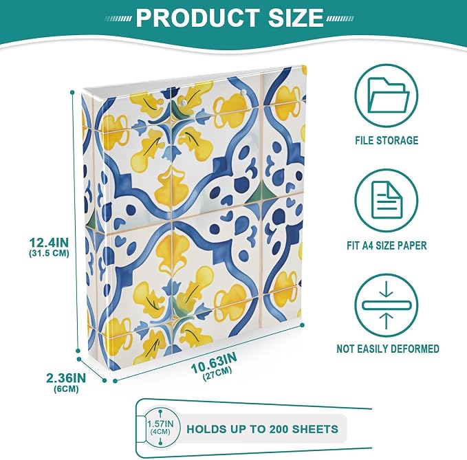 3 Ring Binder Blue Mandala Lemon Paisley Aztec 1.5 inch Binders Three Ring Binders with Clipboard Fit 8.5'' x 11'' Paper 3 Interior PVC Clear Pockets for Office Supplies