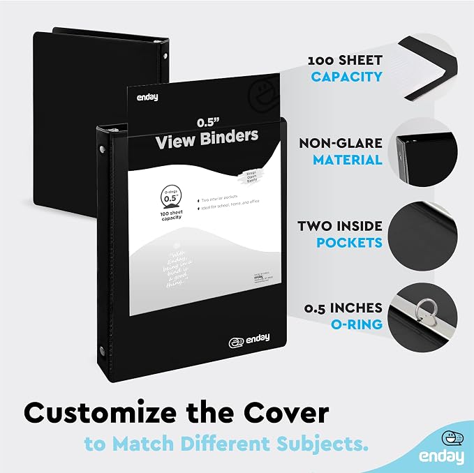 Enday 1/2 inch Binder 3 Ring Binder (6 Pack - Black) O-Ring Binder with Clear View Cover and 2 Inside Pocket - for Letter Size 8.5 x 11'' Paper, Ideal for School Supplies, Office, and Home