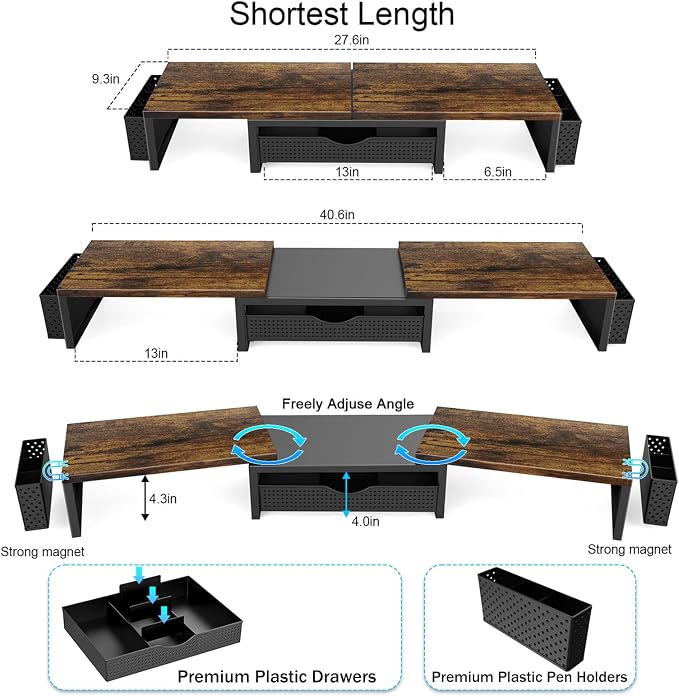 gianotter Dual Monitor Stand Riser With Drawer and 2 Pen Holders | Wood Computer Monitor Stand Desk Organizer and Accessories Desk Shelf for Top of Desk (Wood)
