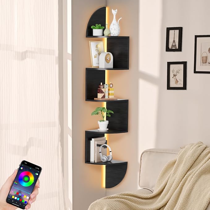 Corner Shelf, 5 Tier Bookshelf with LED Light, Corner Shelf Wall Mounted, Floating Shelves for Wall, Display Stand for Bedroom, Living Room, Bathroom, Home, Office, Black