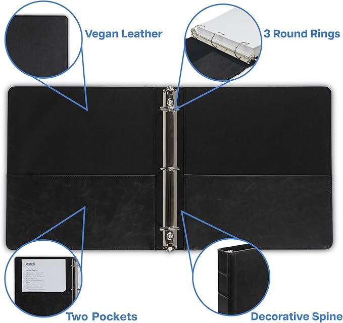 Samsill Vintage Faux Leather 3 Ring Binder, 1.5 Inch Round Ring, Full Size Binder for 8.5 x 11 Letter Size Paper, Professional Organizer with Interior Pockets, No Zipper, Black