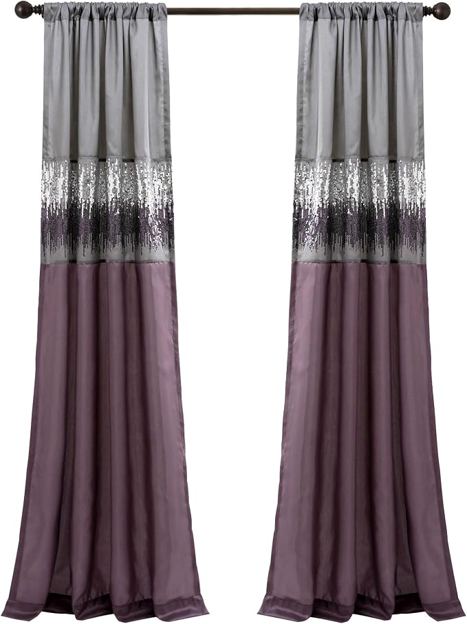 Lush Decor Night Sky Window Curtain Panel, Single, 42" W x 84" L, Purple & Gray - Sequin Curtains - Sparkle & Color Block Design - Modern Glam Decor - Long Curtains For Bedroom & Living Room
