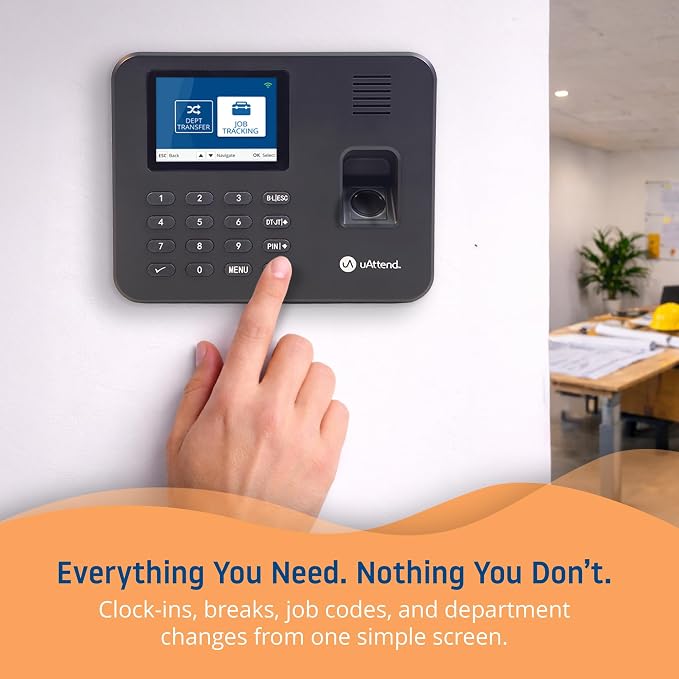 uAttend RE2000 Biometric Time Clock for Employees – Fingerprint + PIN Punching, Wi‑Fi Cloud Time & Attendance System with Offline Storage, Payroll-Ready – Small Business Time Tracking