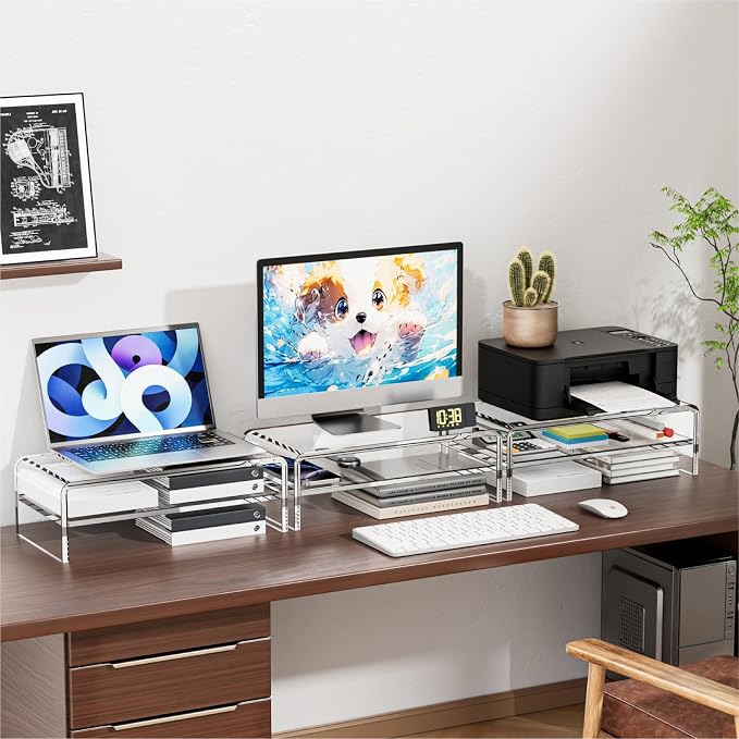 Egchi Acrylic Monitor Stand, 2 Tiers Clear Monitor Riser Computer Stand for Office, Home, Office, 5.12 Inches Hight PC Desk Stand for Keyboard Storage, Premium Platform for Laptop Printer TV Screen | for Office, Home, Office, PC Desk Stand for Keyboard...