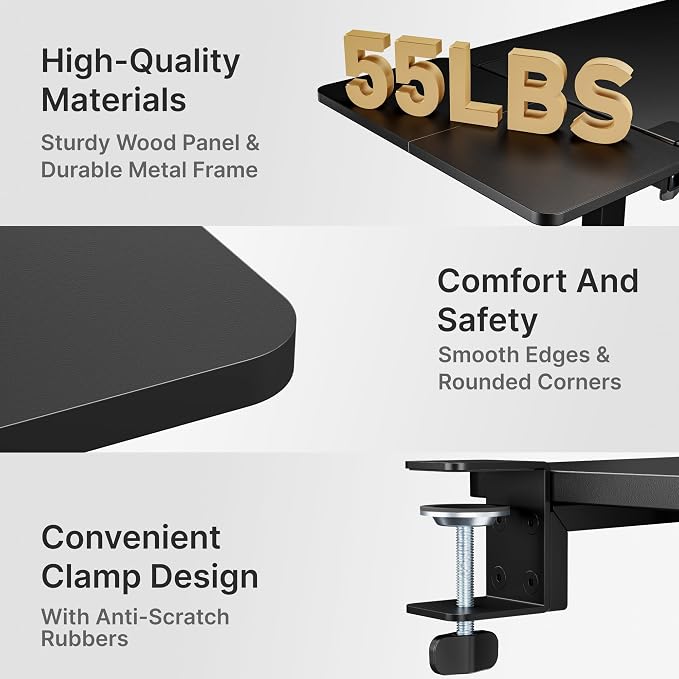 Desk Extender Tray, 28" x 12", with Storage Drawer, Large, Black | Desk Extension, Clamp on Desk Shelf, Clamp On Keyboard Tray for Office and Home, Workstation Organizer