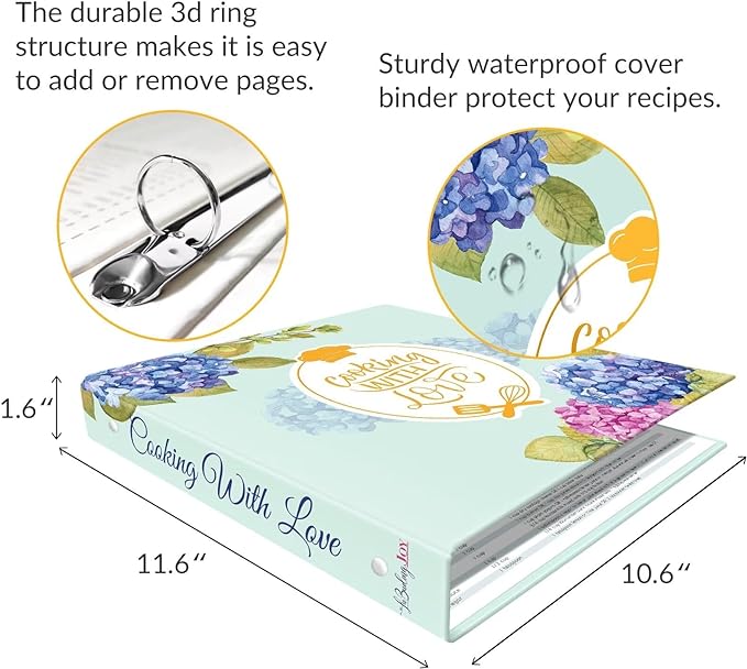 Recipe Binder 8.5x11 3 Ring with Plastic Sleeves, Blank Recipe Book Binder | Waterproof recipe binder 8.5x11 with plastic sleeves, recipe cards and gift box to make your own cookbook(Blue Hydrangea).