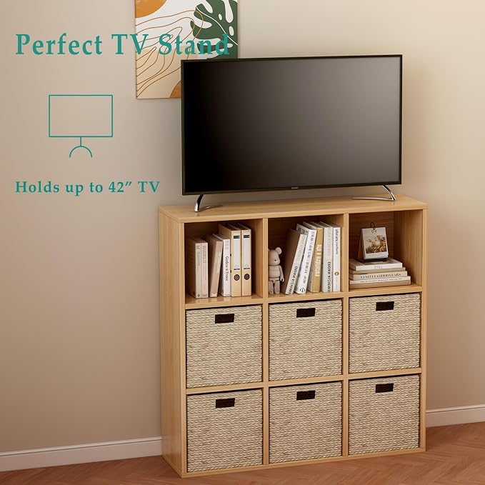 9-Cube Storage Shelf Bookcase, Oak | Wooden 3-Tier Open Bookshelf, Fits 11×11" Bins, Vertical or Horizontal Use, Full Back Panels, For Home Office