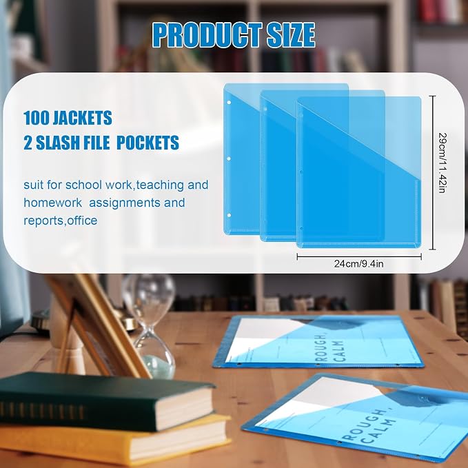 Seajan 100 Pcs Pocket Folders for 3 Ring Binder Clear Plastic Folders Sleeves with 2 Pockets 3 Hole Punch Binder Dividers Poly Slash File Jackets for Office School Document Organizer (Blue)