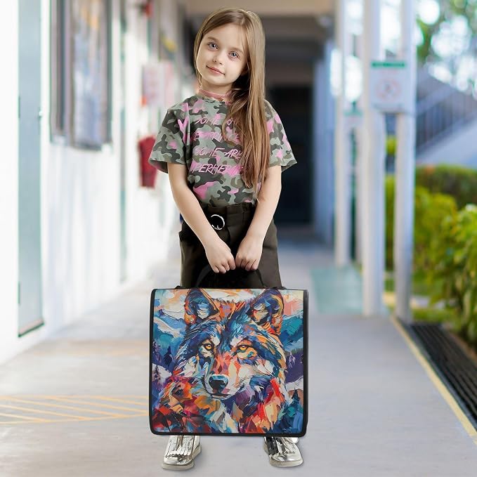 Mountain Wolf Colorful Zipper Binder with Shoulder Strap Bag 3 Ring Binder Organizer Large Capacity Multiple Compartments for School Office