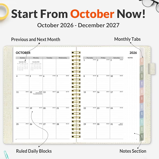 SUNEE 2027 Weekly & Monthly Planner 6.2"x8.5"- 12 Month (January 2027 - December 2027), Vegan Leather Cover, Pocket, Bookmark, Notes, Monthly Tab, Beige
