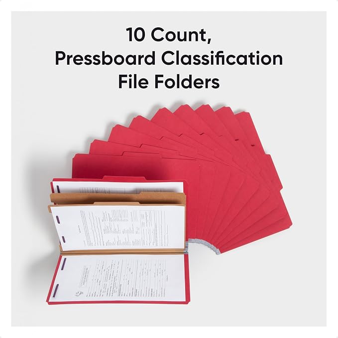 Smead Pressboard Legal Size File Folders with SafeSHIELD Fasteners, 2 Dividers, 2" Expansion, Office Folders, Paper Holder, Bright Red, 10 per Box (19031)