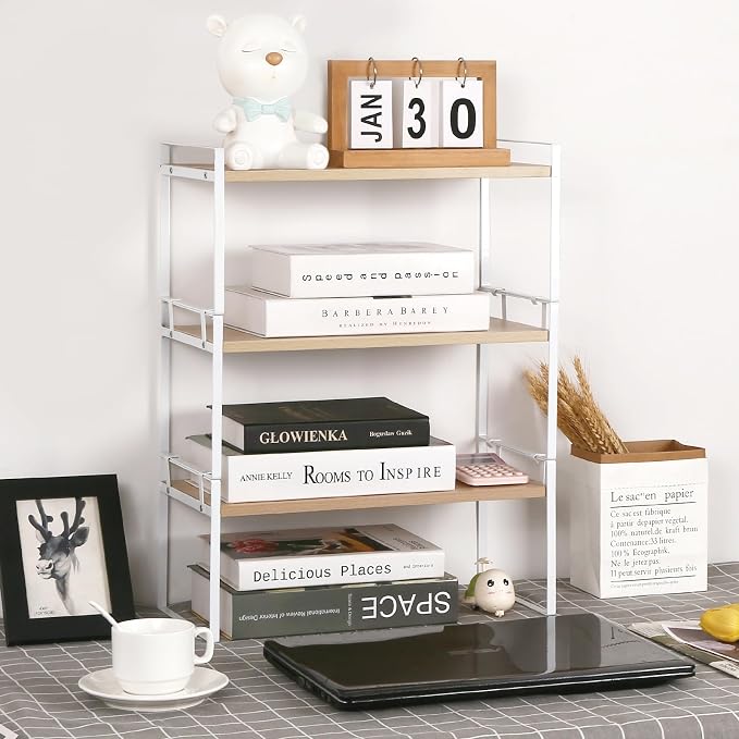 YGYQZ Desk Shelf Organizer for Top of Desk, 3-Tier Desktop Bookshelf, White & Wood