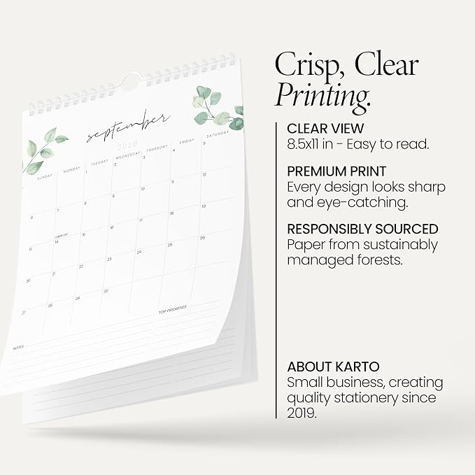 Karto Wall Calendar 2026-2027 8.5x11 in - Greenery
