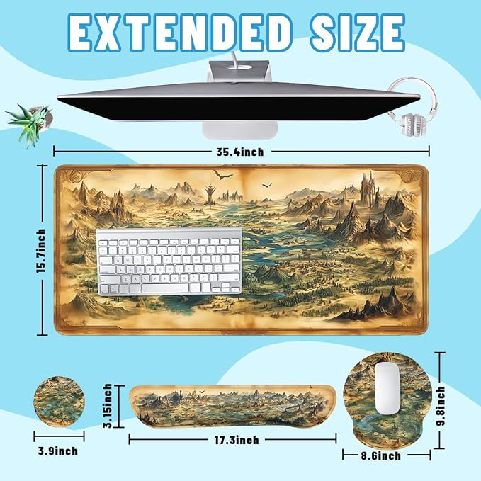 Fantasy Map Mouse Pad Set Vintage Medieval Dragon Castle World Gaming Mousepad 4in1 Desk Mat for Desktop Anti-Slip XXL Big Computer Ergonomic Mousepad with Wrist Support for Keyboard and Mouse