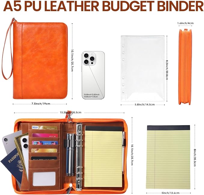 A5 Binder 6 Ring with Zipper, Portable Planner for Travel & Study | Faux leather A5 planner with detachable 6 rings, lined pages, pouches, card slots and pen holder for daily use.