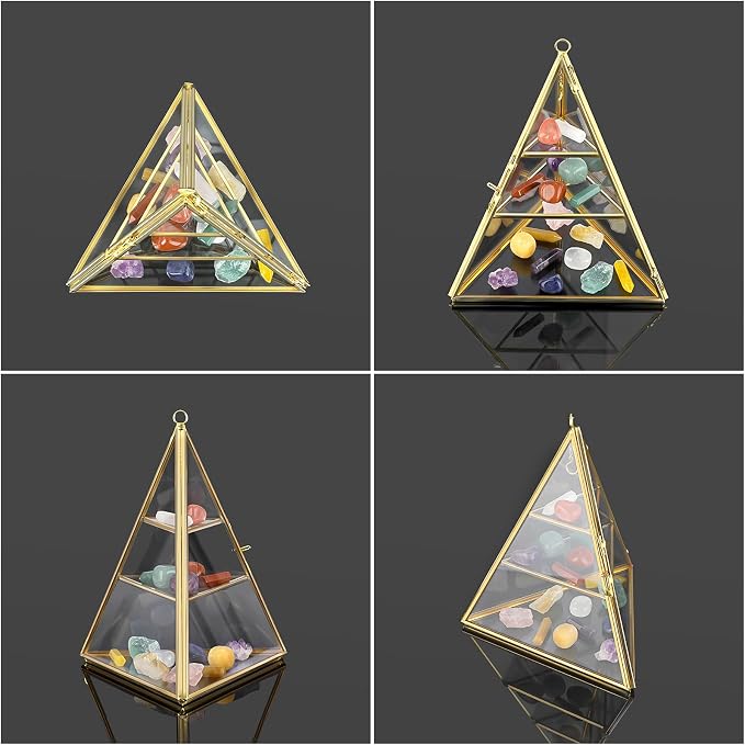 ELLDOO 3 Tier Glass Display Case for Collectibles, Triangular Crystal Display Shelf, Crystal Holder Decorative Display Tray for Crystals Healing Stones Marbles, Gold Metal Jewelry Display Stand
