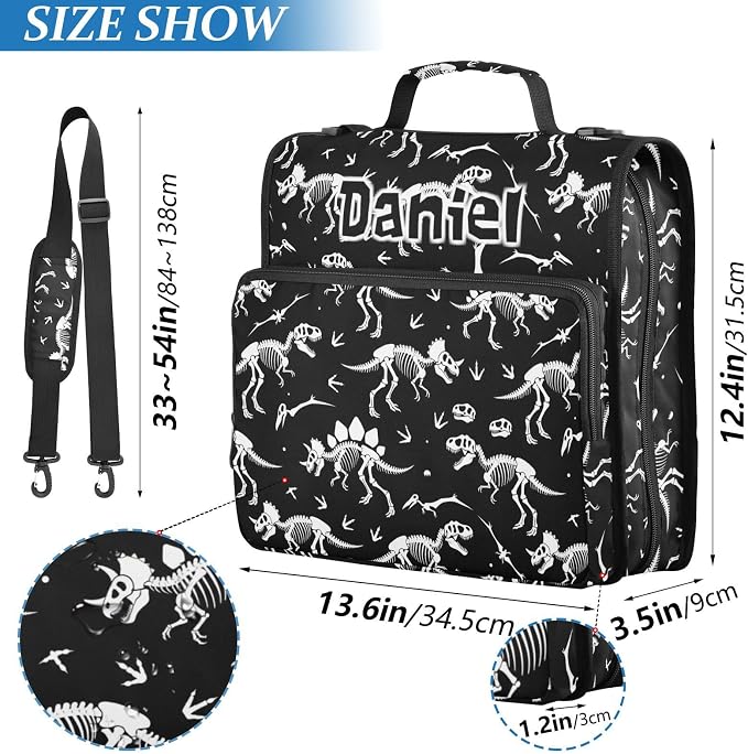 Custom Dinosaur Skull Black Pattern 3 Ring Zipper Binder with Shoulder Strap & Handle 1.5 Inch D-Ring Zippered Bag with Multiple Pocket, Personalized Binder Organizer for School or Office