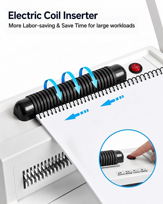 Spiral Coil Binding Machine with 46 Fully Disengaging Pins - 4:1 Pitch - Electric Coil Inserter - Adjustable Side Margin, Comes with Free 1 Box Coil Spines & Plier, 20 Sheet Punch Capacity