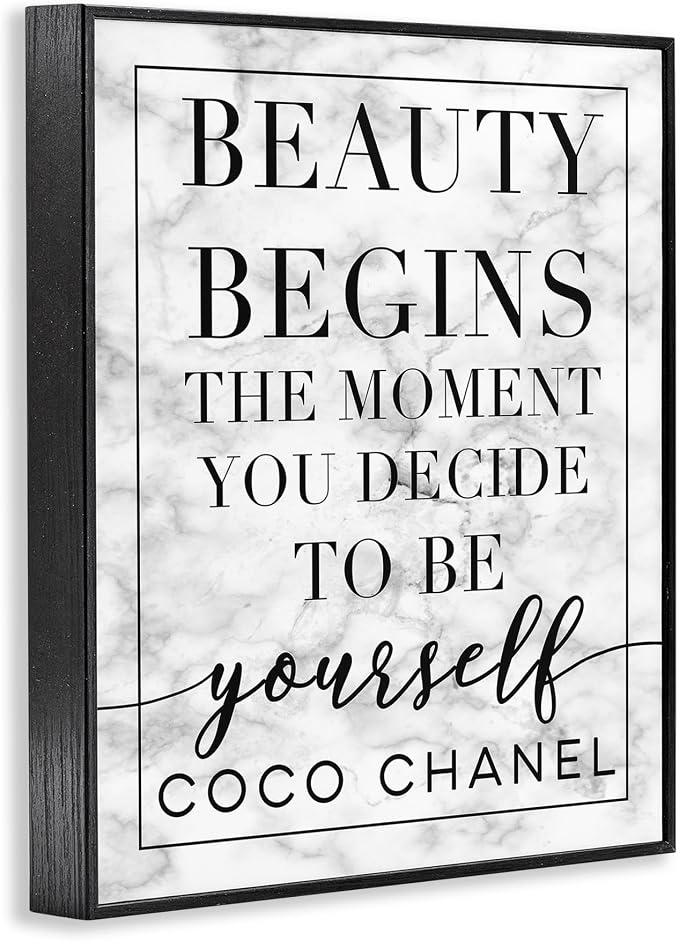Stupell Industries Beauty Begins Once You Decide to Be Yourself White Marble Typography Wall Art, 24x30, Black