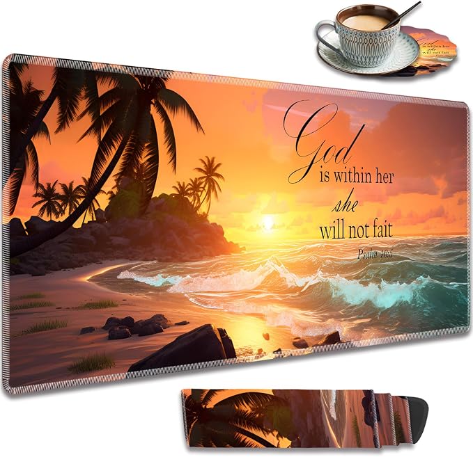 Extended Gaming Mouse Pad 31.5" x 11.8", with Edge Stitching, Non-Slip Rubber Base Keyboard Pad, Suitable for Work, Game, Office, Home and Coasters, Palm Trees Beach