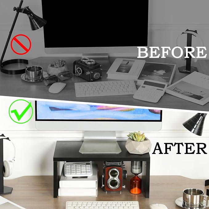 TEAMIX 6.7 inch Tall Monitor Stand Riser, Wood Shelf Riser, Desk Organizer | Laptop/Printer/Computer Stand, Extra Storage Underneath, Minimalist, Modern Design, Smooth Black Finish, for Home Office