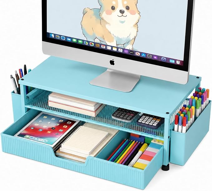 ECOLOVI Desk Organizer and Accessories, 2-Tier Computer Monitor Stand Rise with Storage Drawer & 2 Pen Holders, Laptop & Printer Stand for Desktop, Workspace Organizers for Office Supplies (Blue)