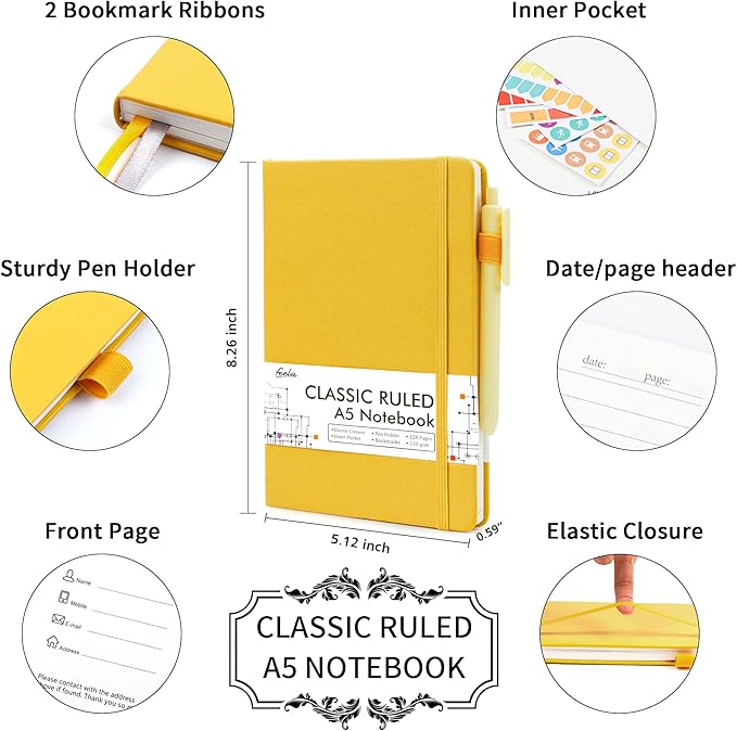 feela 18 Pack Journal Notebook for Work, Business Notebook Bulk Hardcover Lined Writing Journal with Pen Holder for Men Women Note Taking, with 18 Black Pens, 120 GSM, 5.1”x8.3”, A5, Yellow
