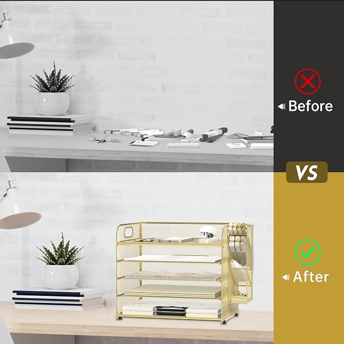 5-Tier Paper Organizer for Desk with Pen Holders, Letter Trays, Gold | Metal Mesh Desktop File Organizer with Removable Trays and 2 Handles for Paper, Files, Mail, Folders in Office Home or School