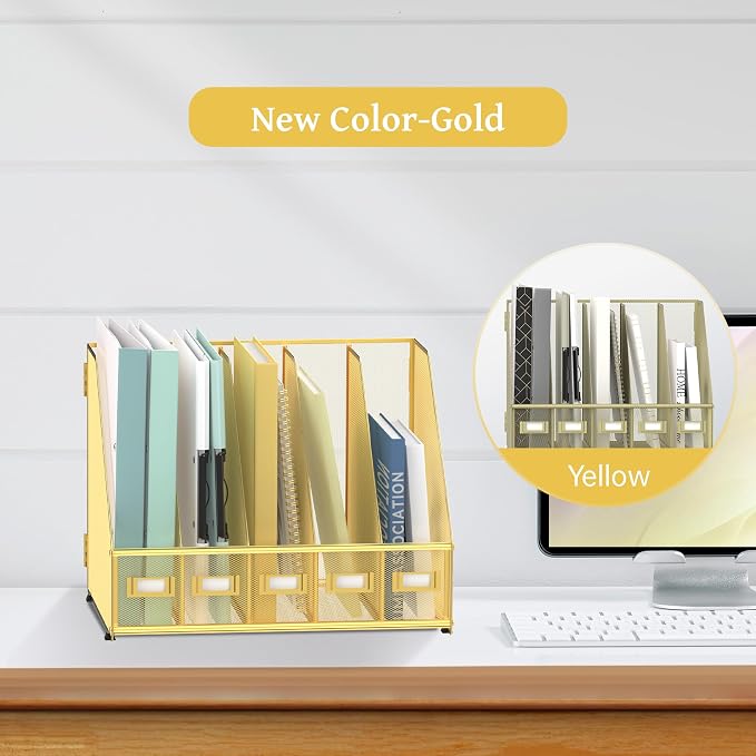 Desk Organizers Metal Desk Magazine File Holder with 5 Vertical Compartments Rack File Organizer for Office Desktop, Classroom, Home Workspace, Gold
