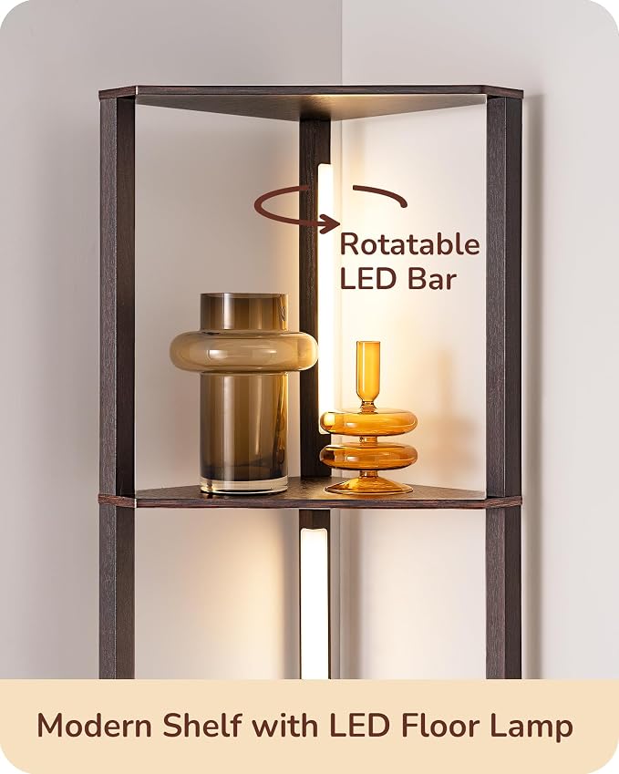 EDISHINE 64" Corner Shelf Floor Lamp for Living Room, Modern LED Corner Light with Shelves, 3CCT, Stepless Dimmable Tall Floor Light for Bedroom, Office, Dining Room, 3000K 4000K 5000K, Black Walnut | Stepless Dimming, 4-Layer Shelf, Foot Switch, 3000K...