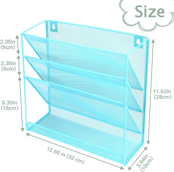 3 Pockets Mesh Wall File Holder Organizer with Bottom Flat Tray, Office Hanging File Folder Magazine Rack, Nametag Label Hooks Set Included, Blue