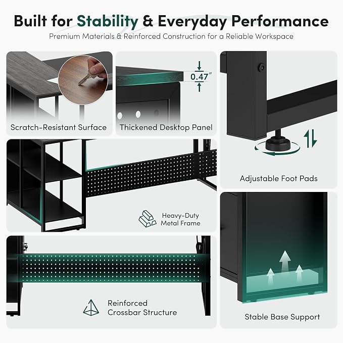 MALOL 70.3" Reversible L-Shaped Office Desk with Power Outlet Computer Desk | Large Executive Desk with Locked File Drawers & Storage Shelves, Pegboard, Mobile CPU Stand, Modern Corner Desk, Grey