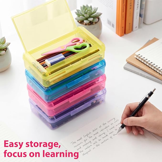 12 Pack Double Layer Large Pencil Box, Clear Plastic Hard Pencil Case with Snap Lid, School Supply Organizer Box for School Office Classroom Home Supplies(Classic Colors)