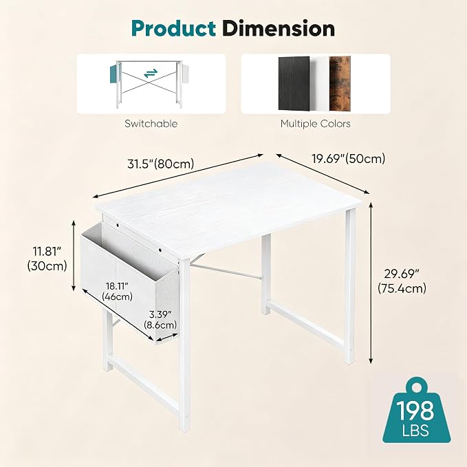 OLIXIS Small Computer Desk, 31 Inch Gaming Desks for Home Office | Writing Study Craft Work Table, Computer Workstation for Bedroom Small Spaces with Storage Bag, All White