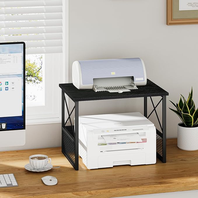 Printer Stand for Desk, Desktop Printer Stand Shelf Organzier for Home Office, for Above and Under Desk, Fax Machine Copier Scanner, Black